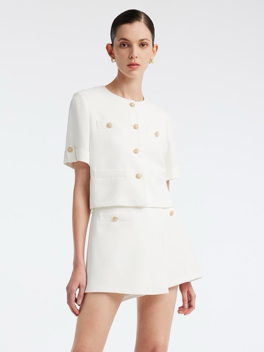 Cropped Double-Breasted White Skirt Set with Gold Buttons